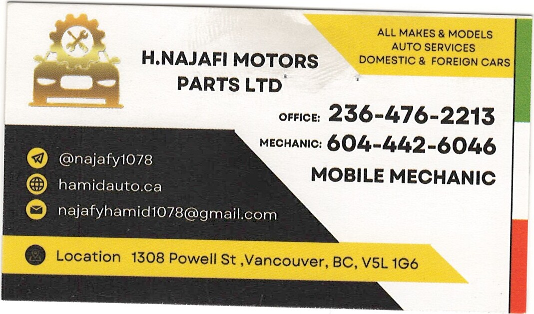 Hamid Auto business card, front — H.Najafi Motors Parts Ltd, phone numbers and address