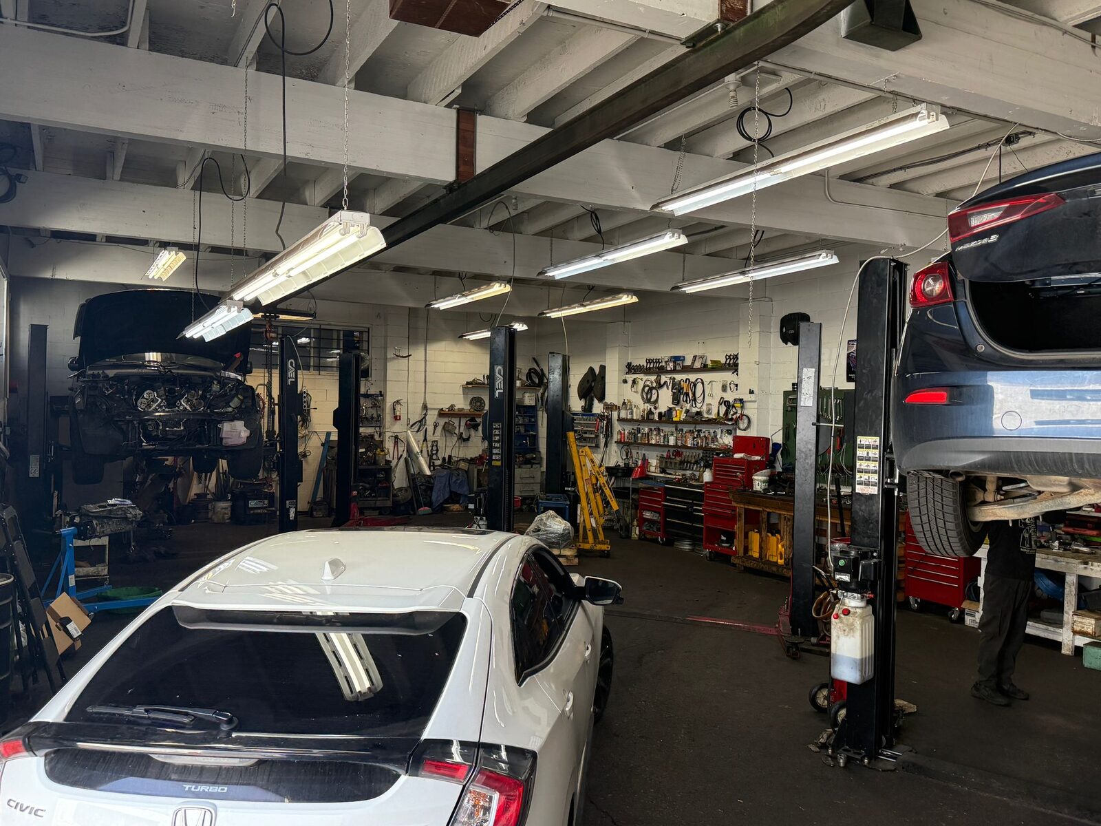 Service bays with vehicles on hoists